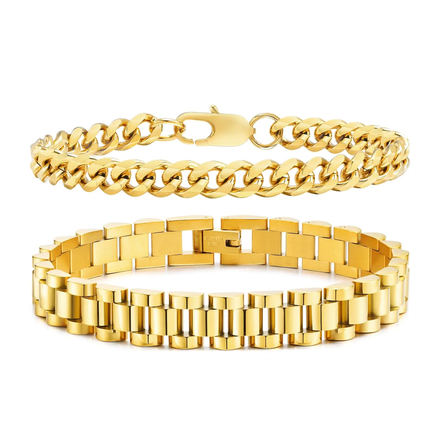 VNOX 2 PCS Gold Bracelets for Men Jewelry-Minimalist Womens Mens Gold Plated Stainless Steel Solid Cuban Link Chain Bracelet Bracelet Set Wrist Band Gifts for Him Boyfriend Dad7.5 Inches