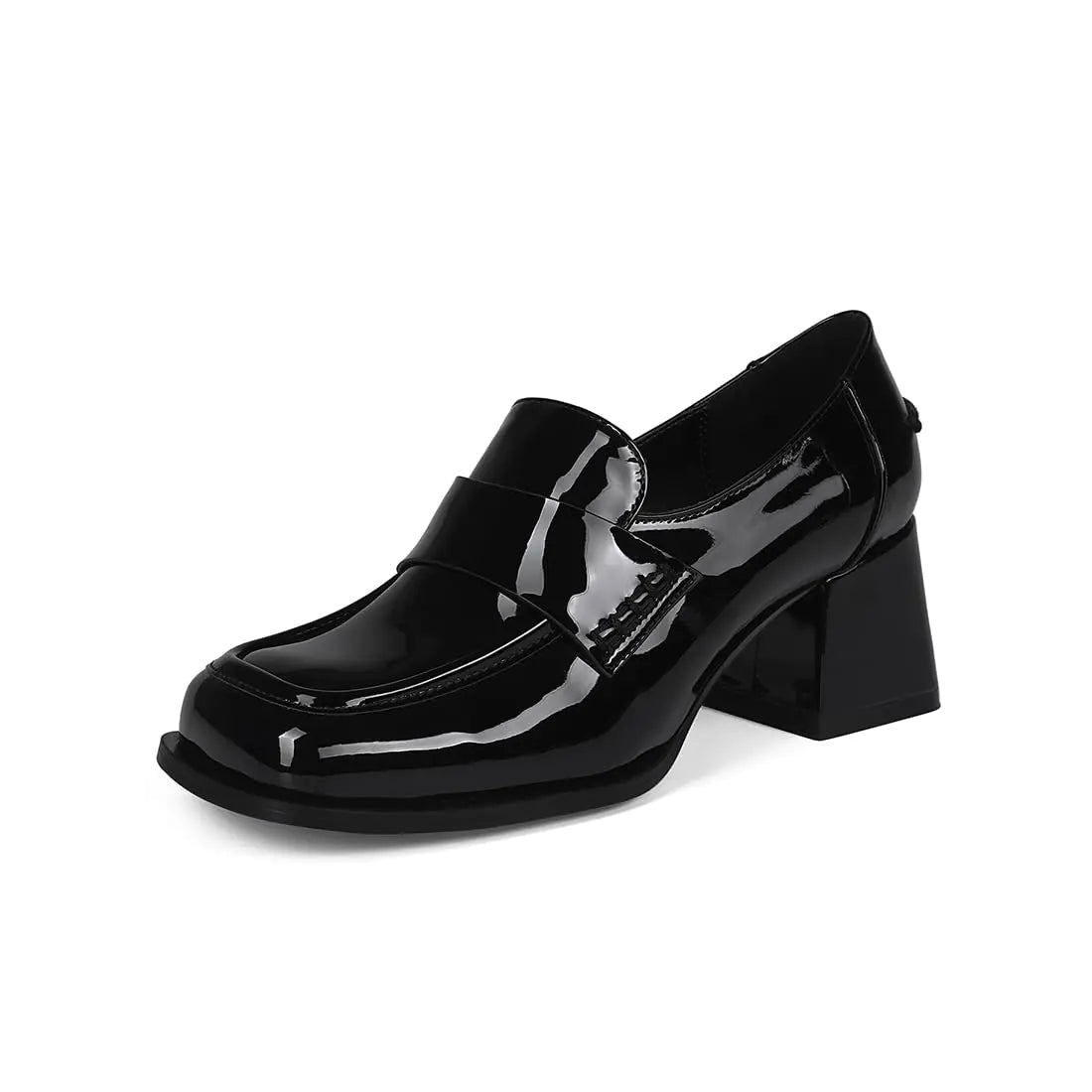 Pomoxikn Black Loafers for Women Trendy Square Toe Casual Shoes Slip-on Block Heel Pumps for Women Comfortable Dress Shoes Office Shoes for Women. -Black-7.5