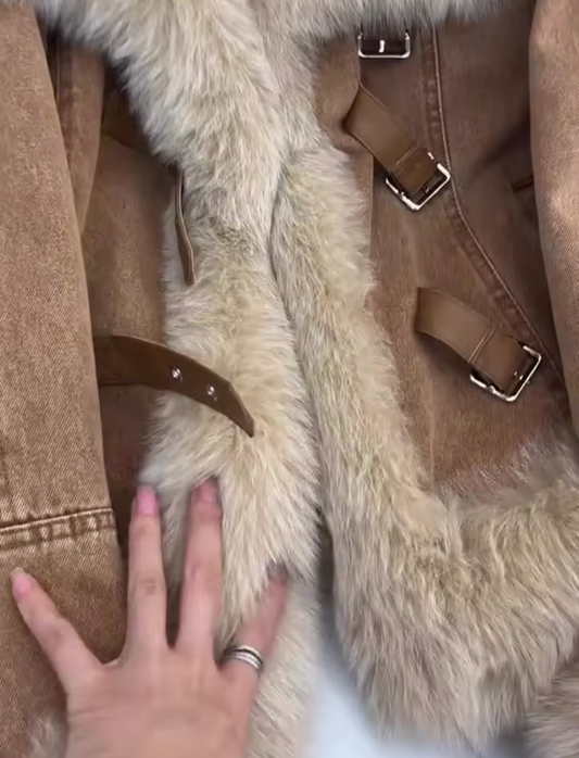 Women Winter Retro Fur Stitching Denim