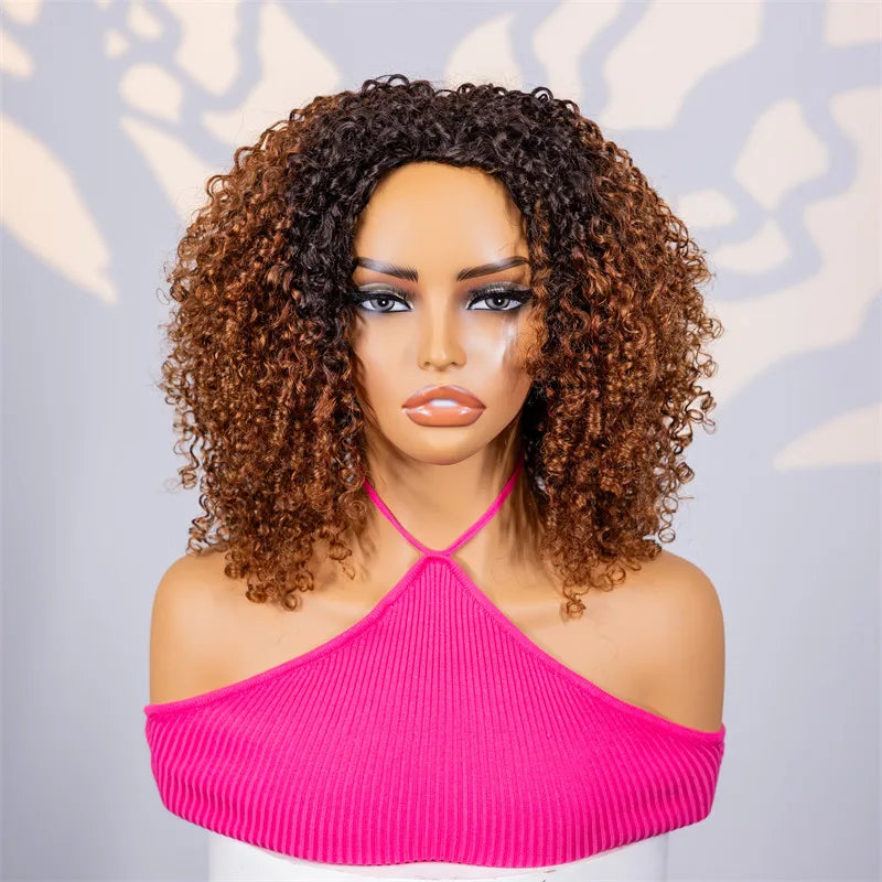 VSHOW 3 IN 1 Half Wig Wear and Go Kinky curly Highlight Ombre Brown Human Hair Pre-Styled Wig Invisible Hairline with Drawsting