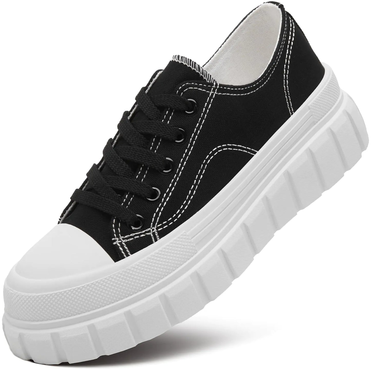 HYPOCRUTE Platform Sneakers for Women Low Top Canvas Shoes Womens Lace Up Platform Shoes Casual Walking Shoes for Women(BlackUS6)