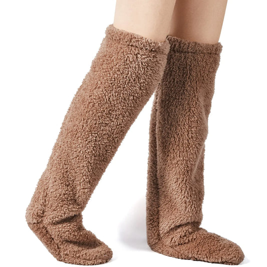 Vicenpal over Knee Thigh High Fuzzy Socks Furry Long Leg Warmer Women Plush Slipper Stocking Winter Fluffy Sleeping Socks(Brown)