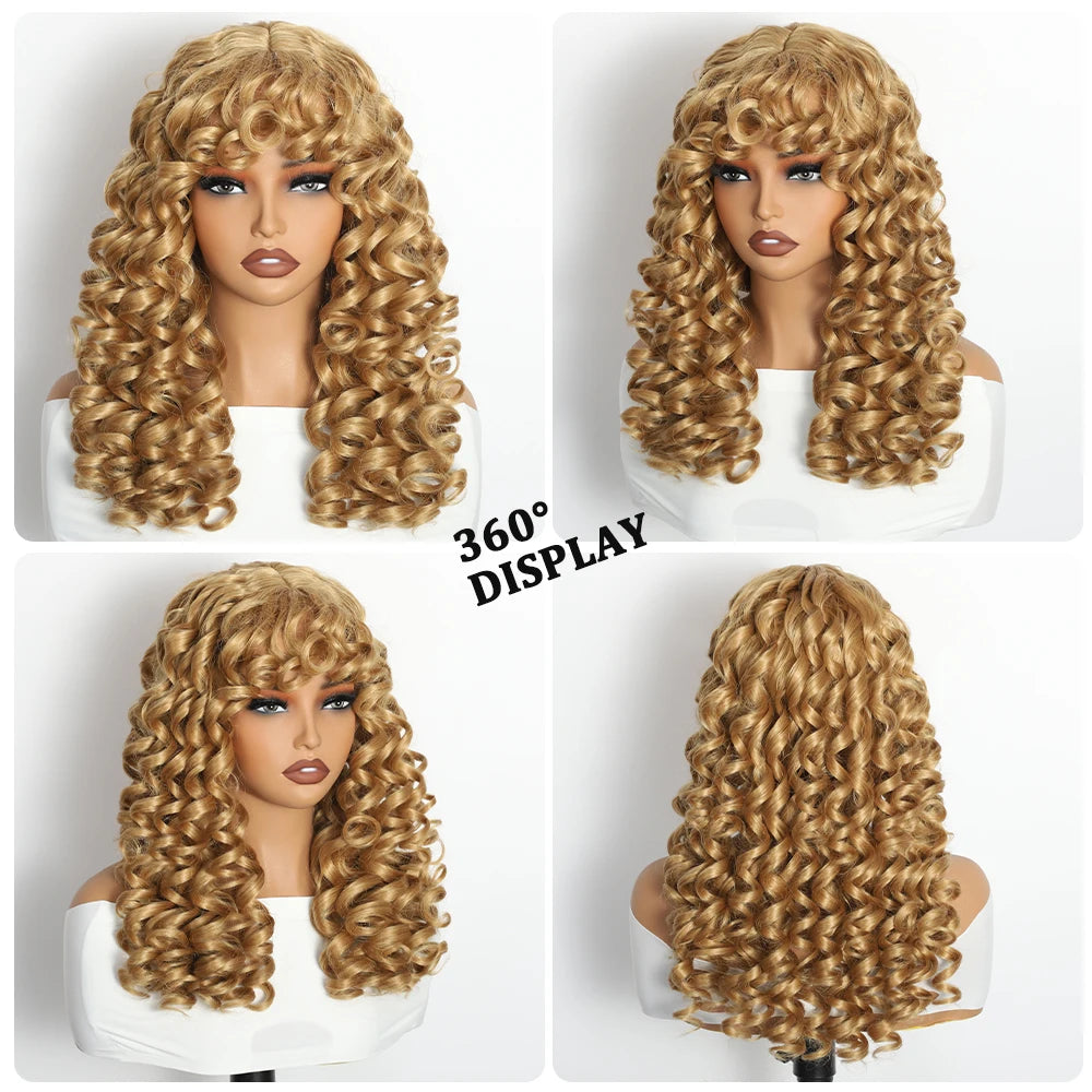 Curly Wig for Women Ombre Blonde Long Curly Wave Wigs with Bangs Synthetic Wig Natural Cosplay Party Heat Resistant Hair