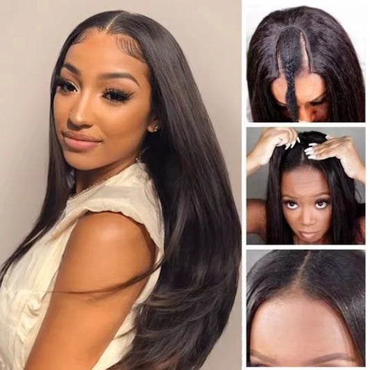No Glue Remy Hair Straight V Part Wig 100% Human Hair 200% Density 16-32 Inch Straight Wigs No Leave Out Side Part Wig For Women