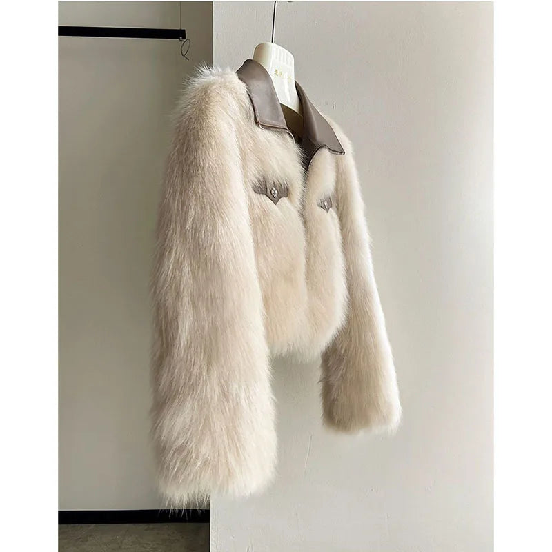 2025 Autumn Winter New Women's Short Coat Lapel Lmitation Fox Fur Female Long-sleeved Korean Jacket Fashion Padded Overwear