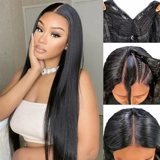 No Glue Straight V Part Wig 100% Human Hair 16-32 Inch Upgraded Wigs 200% Density Remy Hair No Leave Out Side Part Wig For Women