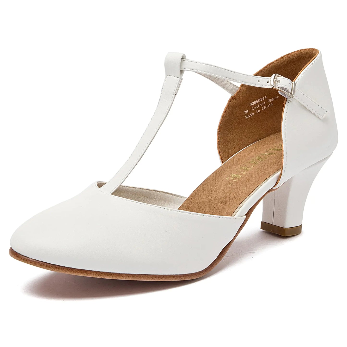 Danzcue T-Strap Character Dance Shoes for Women Girls White Ballroom Dance Shoes 2.3 Inch Heel 8.5M