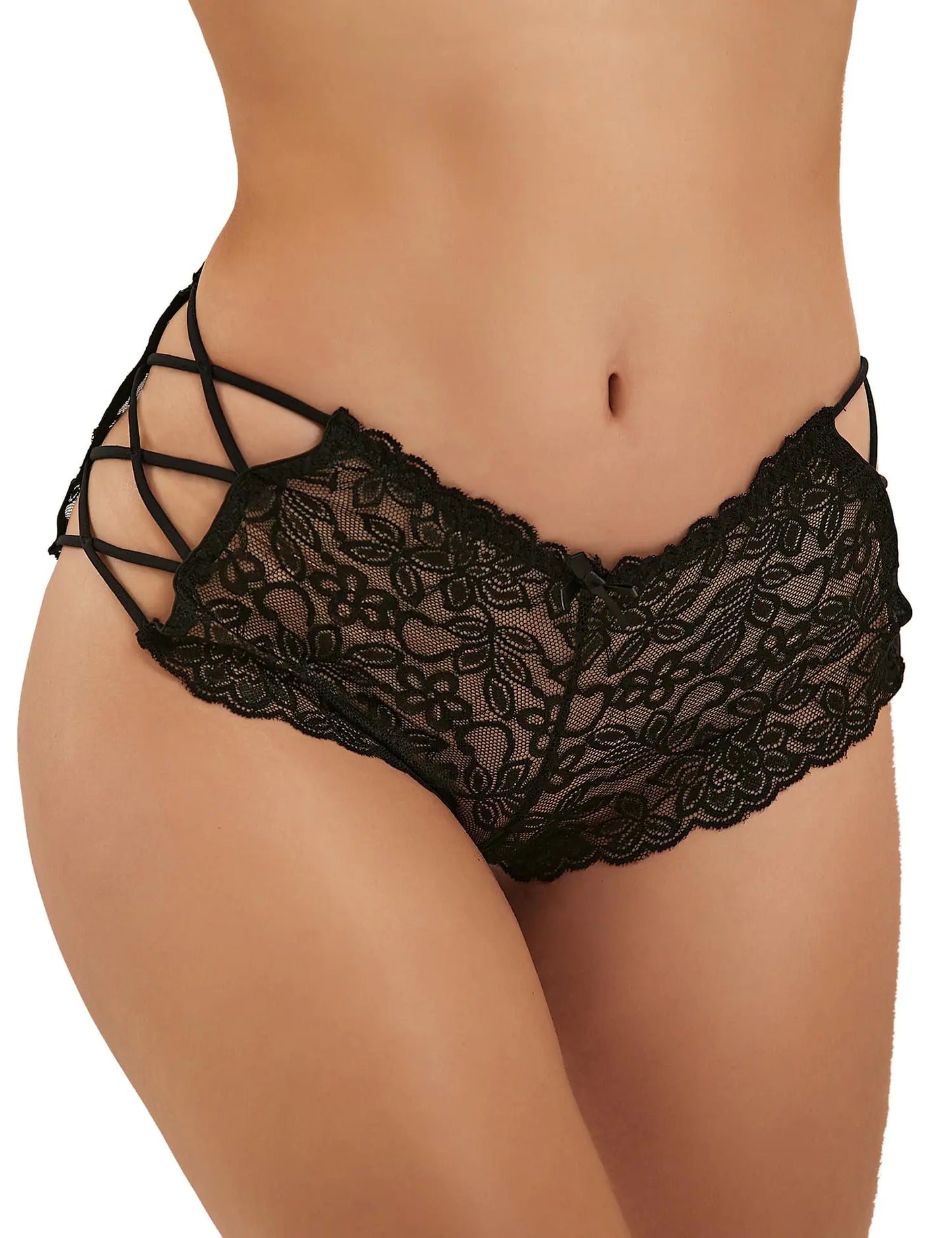 comeondear Women Lace Cheeky Panties Plus Size Floral Sheer Boyshort Criss Cross Thong Panty Black High Waist Bikini