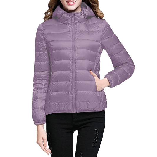 Senyentie Womens Warm Hooded Down Jacket Packable Jacket Short Solid Lightweight Full Zip Outwear Winter Coat with Pockets