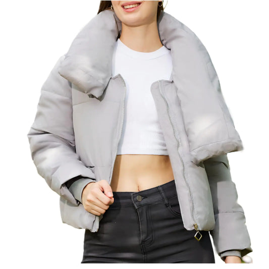 XIKUKA Womens Quilted Lightweight Jackets Winter Warm Cropped Puffer Jacket Stand Collar Ski Jacket Grey M