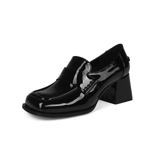 Pomoxikn Black Loafers for Women Trendy Square Toe Casual Shoes Slip-on Block Heel Pumps for Women Comfortable Dress Shoes Office Shoes for Women. -Black-7.5