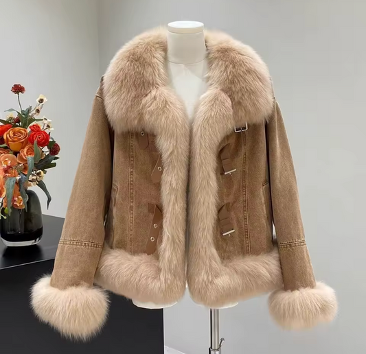 Women Winter Retro Fur Stitching Denim