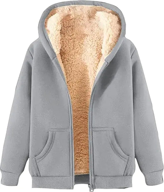 Womens Fleece Hoodie Jacket Oversized Thick Sherpa Lined Thermal Zip Up Coat Winter Warm Sweatshirt with Pockets