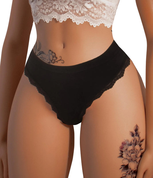 Hibluco Seamless Lace Thongs for Women No Show Panties Stretch Breathable Thong Sexy Underwear Black