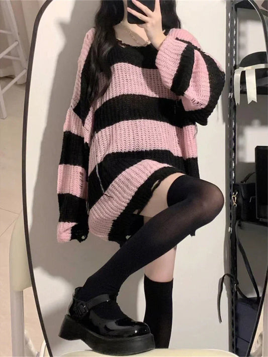 Deeptown Y2K Pink Striped Vintage Knitted Sweater