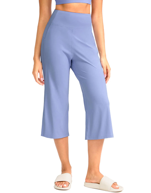 Soothfeel Capri Pants for Women High Waist Wide Leg Yoga Pants with Pockets Pull On Cropped Pants for Women Casual Athletic