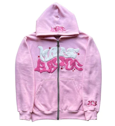 Y2K Chic Plus Size Pink Patterned Zip Hoodie