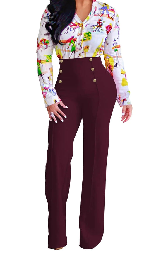 Adilaca High Rise Burgundy Flare Trousers