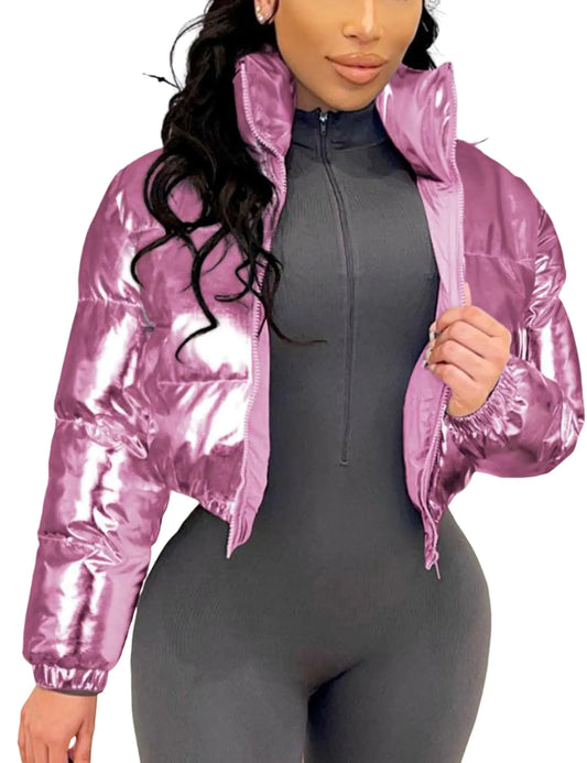 Wyeysyt Womens Metallic Y2K Cropped Puffer Jacket Quilted Shiny Winter Bubble Padded Puffy Coat Stand Collar Zip Up Outwear(Pink-XS)