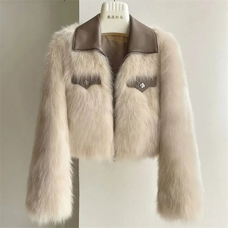 2025 Autumn Winter New Women's Short Coat Lapel Lmitation Fox Fur Female Long-sleeved Korean Jacket Fashion Padded Overwear