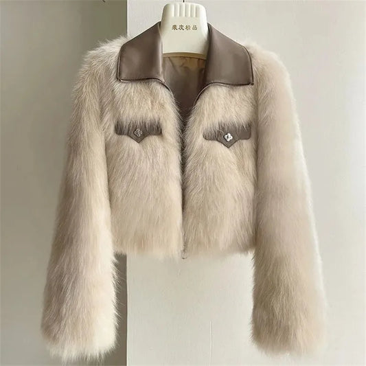 2025 Autumn Winter New Women's Short Coat Lapel Lmitation Fox Fur Female Long-sleeved Korean Jacket Fashion Padded Overwear