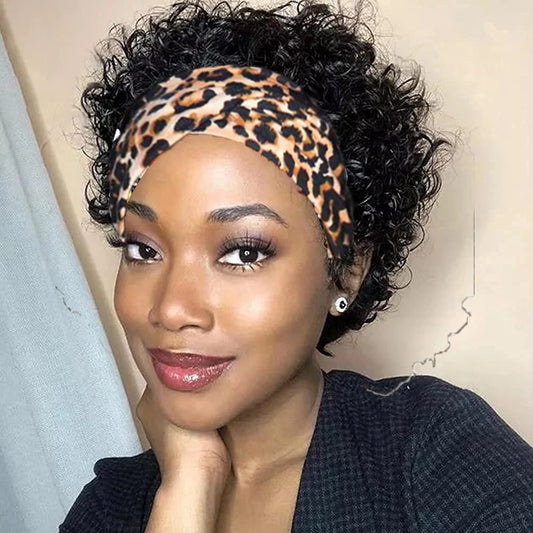 Curly Headband Wig Human Hair - Short Bob Kinky Curls, Universal Cap Fit Wig for Women with Headband, Fashionable &Machine Made