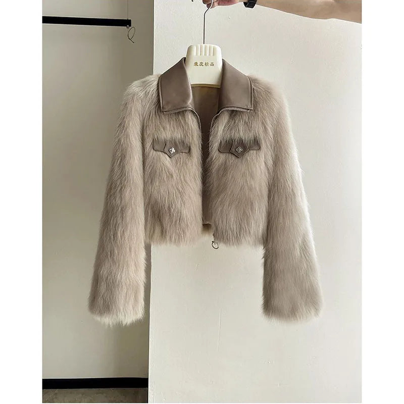 2025 Autumn Winter New Women's Short Coat Lapel Lmitation Fox Fur Female Long-sleeved Korean Jacket Fashion Padded Overwear