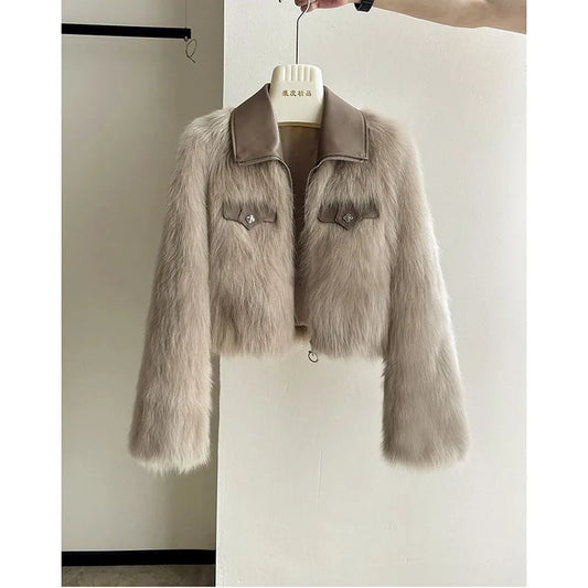2025 Autumn Winter New Women's Short Coat Lapel Lmitation Fox Fur Female Long-sleeved Korean Jacket Fashion Padded Overwear