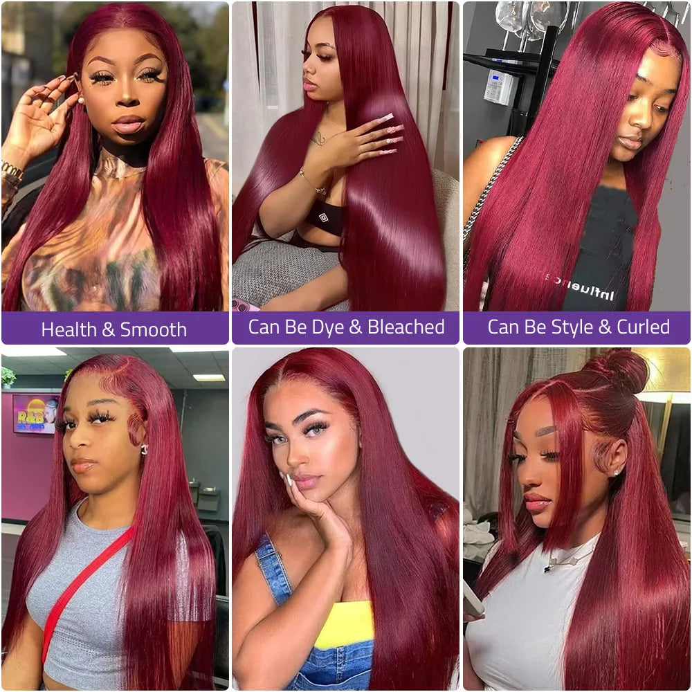 30Inch Burgundy Bone Straight 99J Colored 13x4 Lace Front Wig Human Hair 13x6 HD Transparent Lace Frontal Wigs For Women