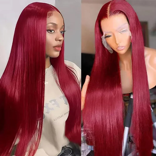 99J Colored Lace Front Human Hair Wigs Straight Burgundy 13x6 HD Transparent Full Lace Frontal Wig Red Glueless Wigs For Women