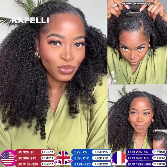 Half Wig Human Hair Kinky Curly Glueless Wig Human Hair Ready to Wear 3 IN 1 Half Wig With Drawstring 250 Density Curly Half Wig