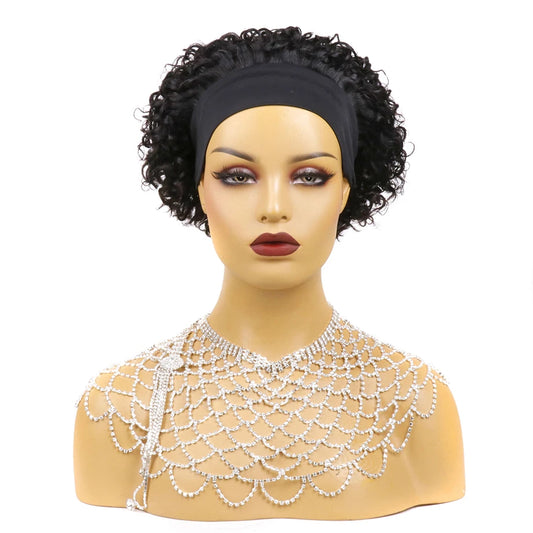 Curly Headband Wig Human Hair - Short Bob Kinky Curls, Universal Cap Fit Wig for Women with Headband, Fashionable &Machine Made