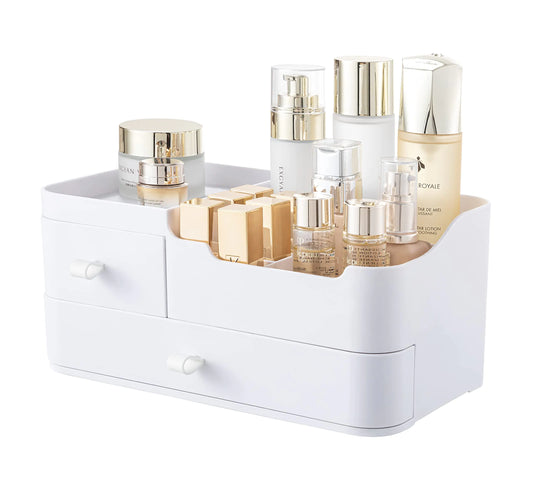 HBlife Plastic Makeup Organizer for Vanity with 2 Drawers Large Skincare Organizers 8 Compartments Bathroom Organizer Cosmetic Storage White