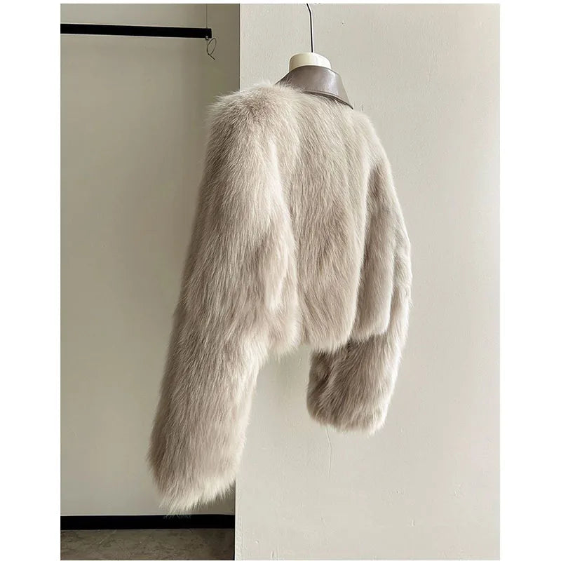 2025 Autumn Winter New Women's Short Coat Lapel Lmitation Fox Fur Female Long-sleeved Korean Jacket Fashion Padded Overwear