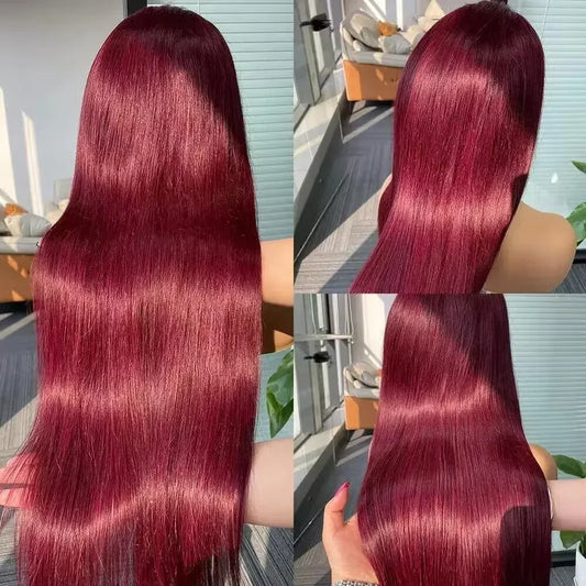 99J Colored Lace Front Human Hair Wigs Straight Burgundy 13x6 HD Transparent Full Lace Frontal Wig Red Glueless Wigs For Women