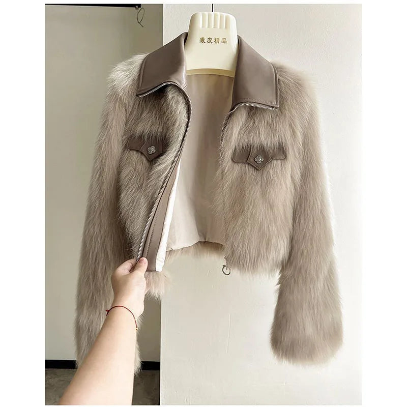2025 Autumn Winter New Women's Short Coat Lapel Lmitation Fox Fur Female Long-sleeved Korean Jacket Fashion Padded Overwear