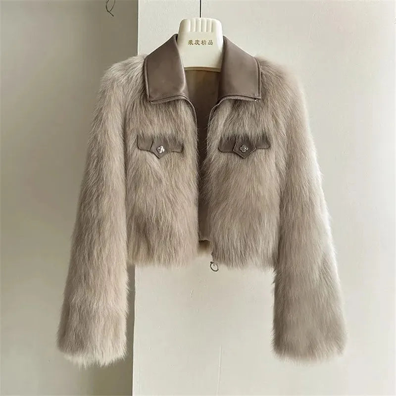 2025 Autumn Winter New Women's Short Coat Lapel Lmitation Fox Fur Female Long-sleeved Korean Jacket Fashion Padded Overwear