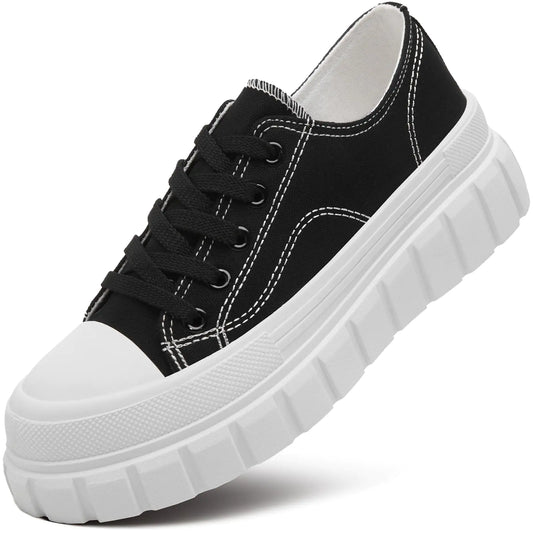 HYPOCRUTE Platform Sneakers for Women Low Top Canvas Shoes Womens Lace Up Platform Shoes Casual Walking Shoes for Women（BlackUS6）