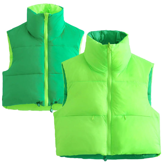 Supgoreou Womens Reversible Cropped Puffer Vests Lightweight Thick Winter Warm Outerwear Vest Gilet with Pockets (SmallGreens)
