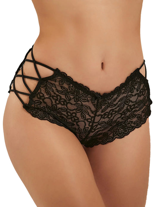 comeondear Women Lace Cheeky Panties Plus Size Floral Sheer Boyshort Criss Cross Thong Panty Black High Waist Bikini