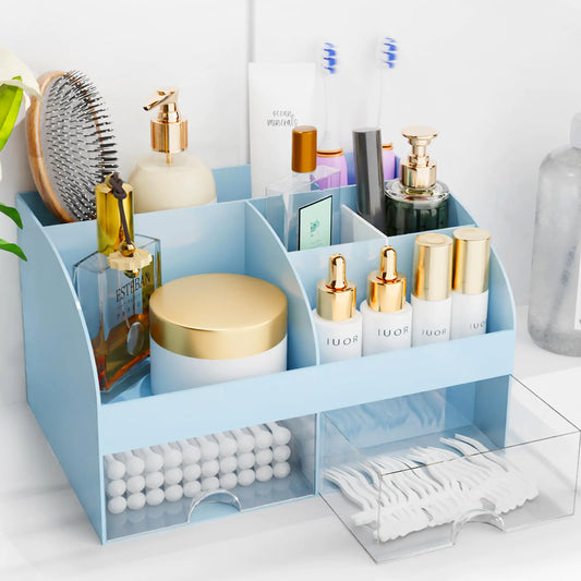 Makeup Organizer with Drawers Cosmetic Storage for Dresser Vanity and Bathroom Countertop Beauty Holder for Lipstick Brush Skincare Organizer for Vanity Cosmetic Display Case (Blue)