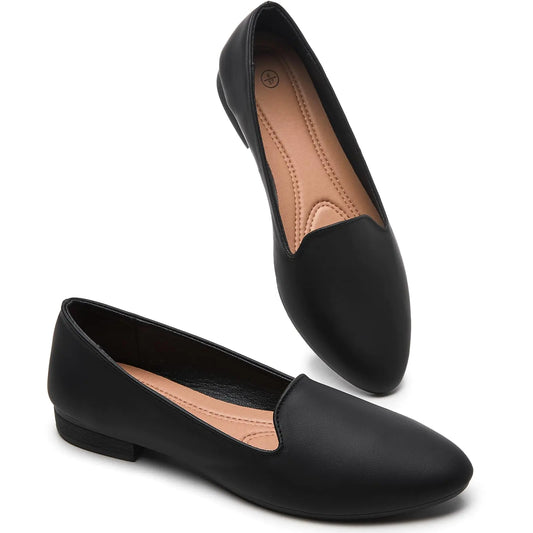 BABUDOG Womens Flats with Synthetic LeatherClassic Black and White Flats ShoesDress Shoes for Women(Black.US5)