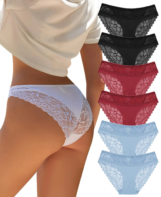 PENUUP 6 Pack Cheeky Underwear for Women Sexy Lace Bikini Seamless Panties Ladies No Show Silky Hipster Women