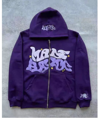 Y2K Chic Plus Size Pink Patterned Zip Hoodie