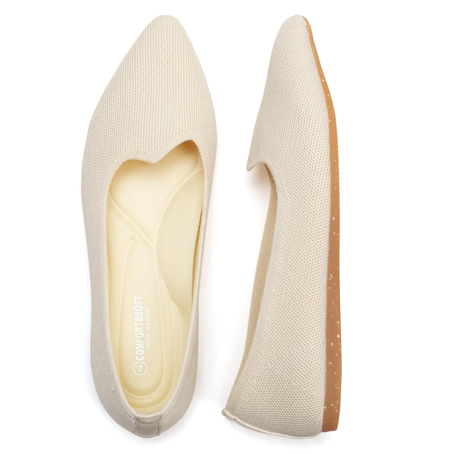 BEJINASH Womens Pointed Toe Flats Knit Flats Shoes for Women Comfortable Light Walking Shoes Ecru