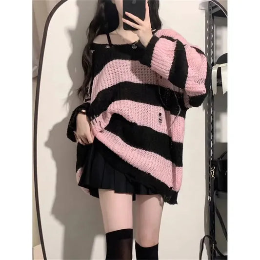 Deeptown Y2K Pink Striped Vintage Knitted Sweater