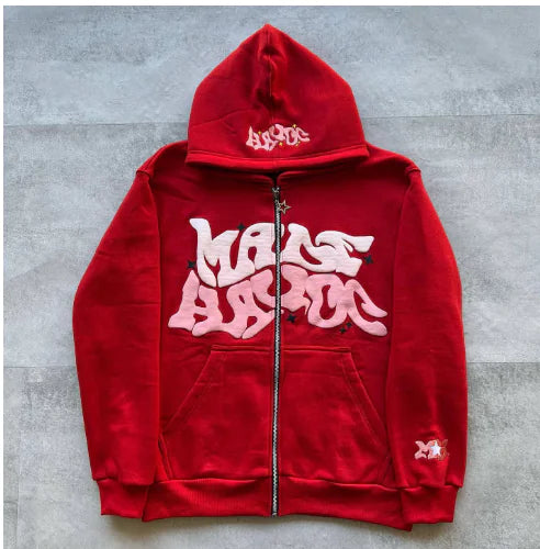 Y2K Chic Plus Size Pink Patterned Zip Hoodie