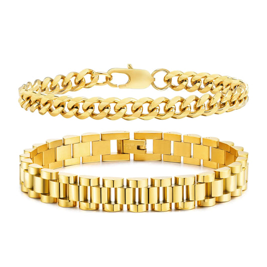 VNOX 2 PCS Gold Bracelets for Men Jewelry-Minimalist Womens Mens Gold Plated Stainless Steel Solid Cuban Link Chain Bracelet Bracelet Set Wrist Band Gifts for Him Boyfriend Dad7.5 Inches