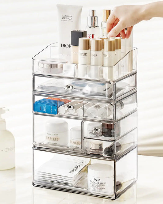 Makeup Organizer with 6 Drawers and 1 Clear Tray Large Acrylic Stackable Cosmetic Organizers and Skincare Storage box for Bathroom Vanity and Countertop