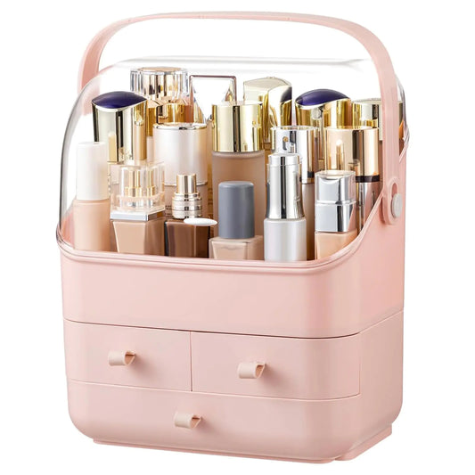 HBlife Makeup Organizer Waterproof & Dustproof Cosmetic Storage Fully Open Lid Makeup Display Box Skincare Organizer for Bathroom Countertop Vanity Pink